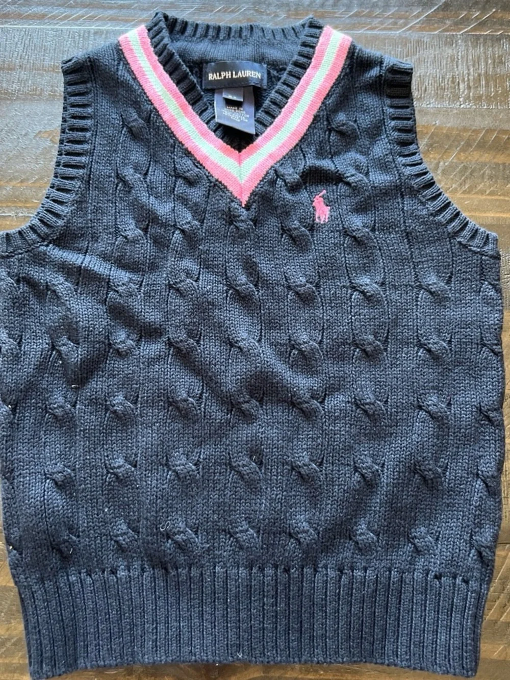 Ralph Lauren Navy Cable-Knit Vest with Pink and Mint Trim